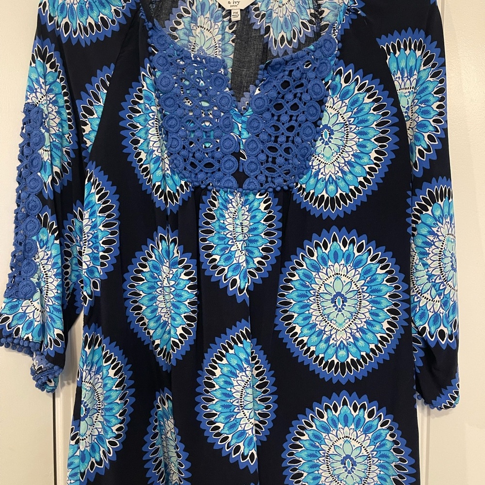 Crown & Ivy Blue Crochet Bib Collar Blouse